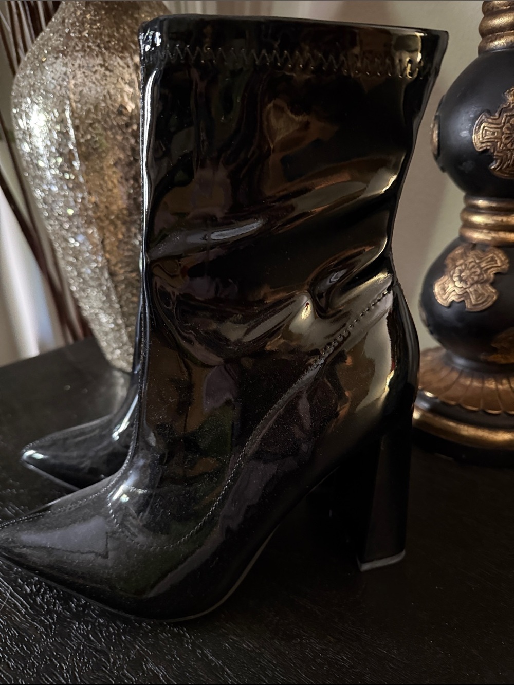 Zara Black Patent Block Heel Ankle Boots